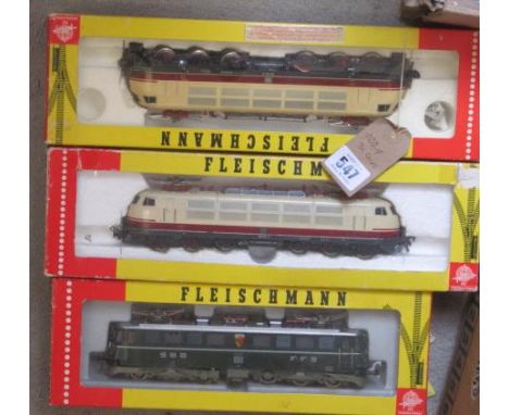 Three HO scale locomotives by Fleishmann comprising 4370, SBB FFS AE616, and two 4375 Class 103 electrics, some storage damag