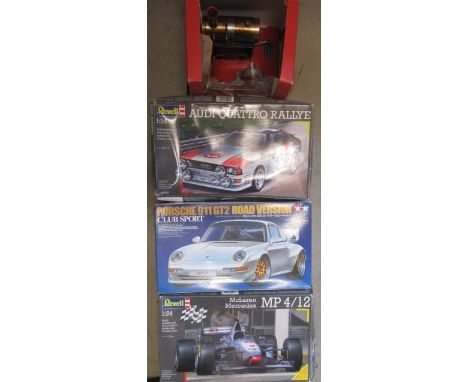A Mamod SE1a horizontal steam engine (well run), box AF, and two Revell and one Tamiya plastic kits to assemble, boxed (Est. 