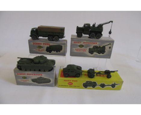 697 25 Pounder Field Gun Set, F-G, 661 Recovery Tractor, F, 651 Centurion Tank, F, 622 Ten Ton Army Truck, P, all boxed, F-G 