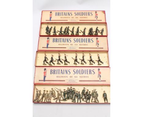 Three sets of Britains soldiers comprising 1st King George V's Own Gurkhas No.197, The King's Royal Rifle Corps No.98 and Bri