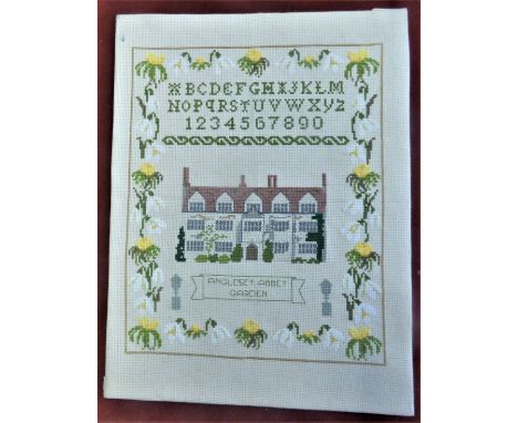 Anglesey Abbey Garden late 19th early 20th Needlework Sampler, in fantastic condition with a floral border showing the front 