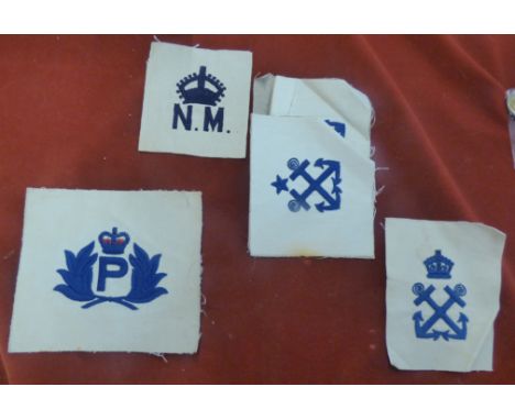 British WWII and EIIR Naval Patches, white material with blue stitch Petty Officers cloth patches, N.M. Patch and one with a 