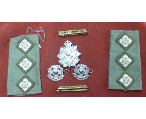 British WWII Border Regt Cap Badge (White-metal, with red felt backing piece) and Collar Badge pair (White-metal, enamel and 