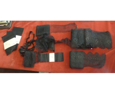 Victorian/Edwardian Cotton Mourning lace (10), a beautiful collection of Black lace, various collar ribbons with their card o