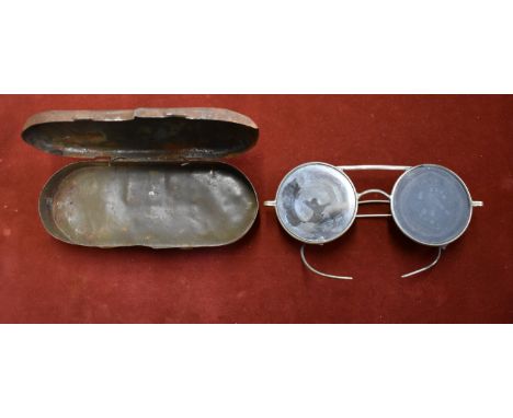 British WWII Army Sunglasses, "Spectacles, Tinted No.3" in case MkII. Sadly the tint has perished, the leather side guards ar
