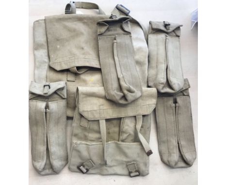 British 1937 Pattern Webbing Kit all dated 1950's (Korean War era), including a backpack, haversack  and four MKIII Webbing p