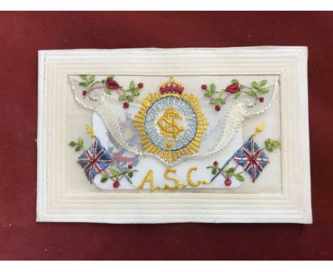 British WWI Army Service Corps Silk Postcard with insert, a beautiful postcard with the A.S.C. Insignia surrounded by Roses a