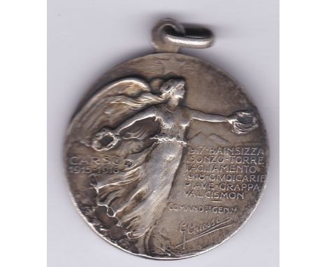 Italian WWI Commemorative Medal, obverse: Carso 1915-1916, 1917 Bainsizza, Isonzo-Torre, Tagliamento, 1918 Giudicicari, Piave