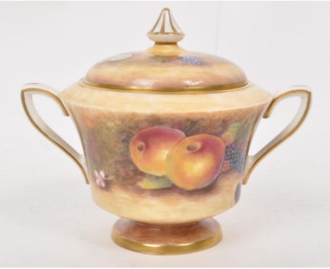 E R Booth - A 20th century hand painted E R Booth Worcester fine bone china twin handled lidded sugar dish. Having a pointed 
