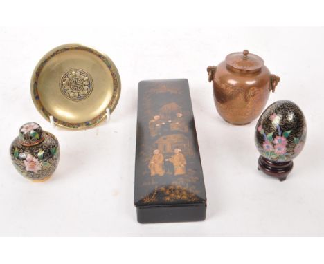 A collection of Chinese Asian curios. Including Clisonne ginger jar and egg with stand. Copper lidded jar, back lacquered tri