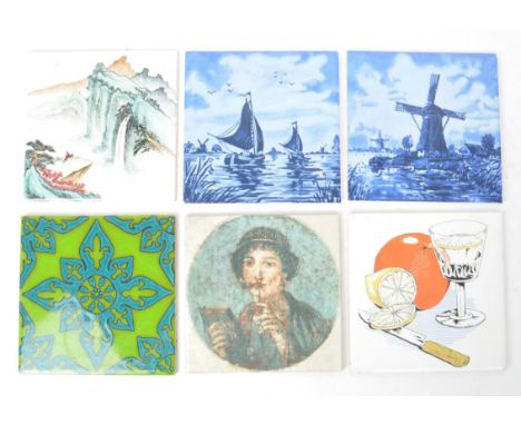 A collection of six 20th-century ceramic square wall tiles, from various makers, including T&amp;R Boote Ltd, H&amp;R Johnson