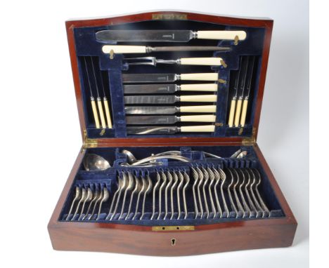J.W. Benson - A vintage 20th century mahogany inlaid six-piece placing cutlery canteen, featuring A1 silver plated and stainl