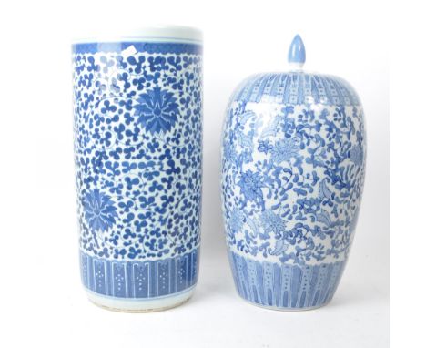 20th century Chinese large blue and white lidded vase and umbrella stand. Both featuring a floral / botanical blue and white 