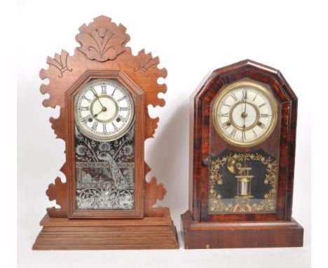Two late 19th century American mantel clocks, comprised of a believed to be a 'Duchess Striking' clock by Jerome &amp; Co fea