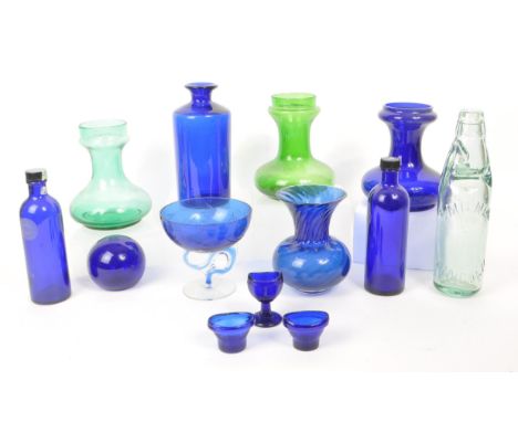 Bristol Blue - Collection of vintage 20th century blue glass items. To include bottles, paperweights, bowl with shaped pierce