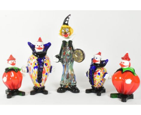 A collection of five 20th-century Murano-style glass clown figures. Featuring a tall clown with a tambourine, two clowns with