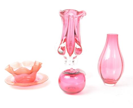 A collection of vintage 20th century coloured studio art glass. To include Josef Hospodka for Chribska pink vase, Victorian f