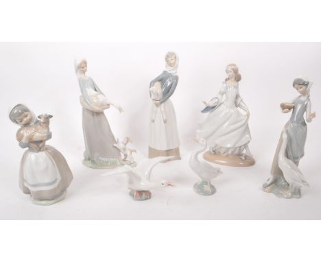 Lladro - Nao - Collection of seven late 20th century porcelain figurines, comprised of two small goose figures, two ladies wi