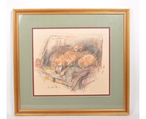 A vintage 20th century oil pastel drawing of two Labrador dogs in the boot of a car. Signed by artist to the bottom left corn