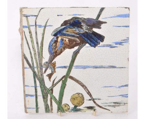 Brown Westhead Moore &amp; Co - Hanley - A late 19th-century square ceramic tile, featuring a kingfisher pond bird, with a fi