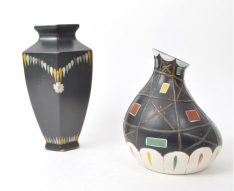 Brentleigh Pottery - Two vintage mid 20th century Brentleigh Pottery ceramic vases. Each having black ground, with hand paint