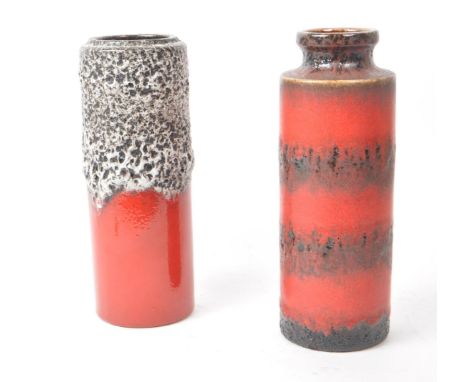 West German Pottery - Two vintage mid 20th century West German pottery ceramic vases. Each vase of rounded form, having red g