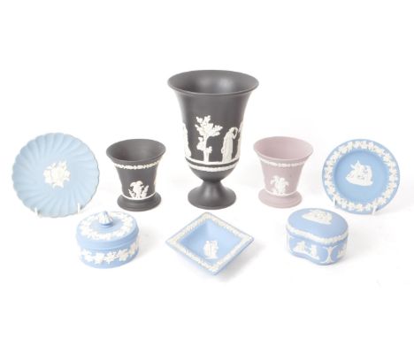 Wedgwood - Jasperware - A collection of 20th century stoneware porcelain pieces, examples including two black vases, a lavend