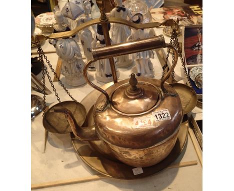 Large copper kettle, brass balance scales and a copper tray, D: 37 cm. Not available for in-house P&amp;P, contact Paul O'Hea