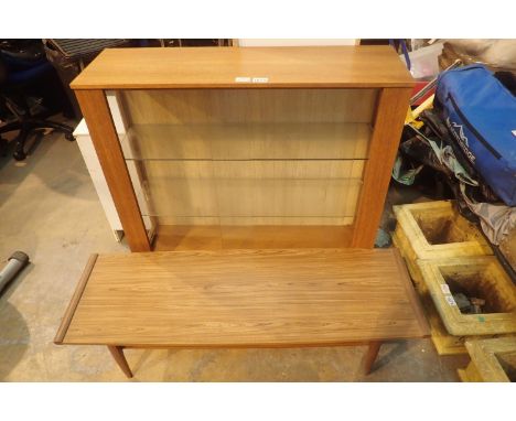 Glass sliding door, light oak effect glass shelved display cabinet and a retro style coffee table. Not available for in-house