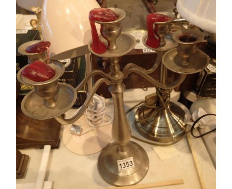 Two aged lamps and a metal candelabra. Not available for in-house P&amp;P, contact Paul O'Hea at Mailboxes on 01925 659133 