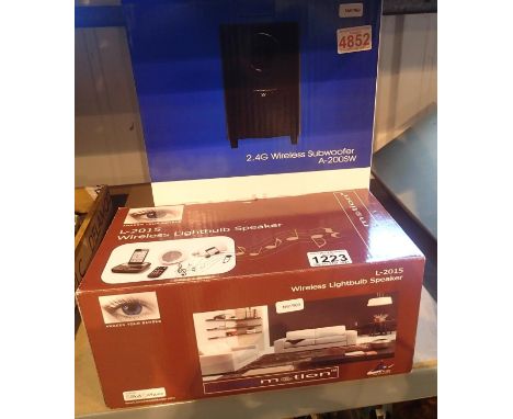 Pair of stereo wireless light bulb speakers &amp; docking station with large subwoofer; wireless; Audio Motion; brand new, un
