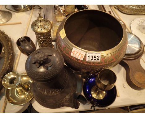 Selection of brassware and plated ware including a large decorative brass planter. Not available for in-house P&amp;P, contac