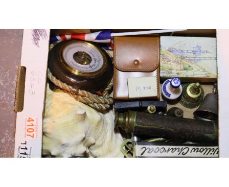 Box of collectables including telescope, brass ornaments, barometer etc. P&amp;P Group 2 (£18+VAT for the first lot and £3+VA