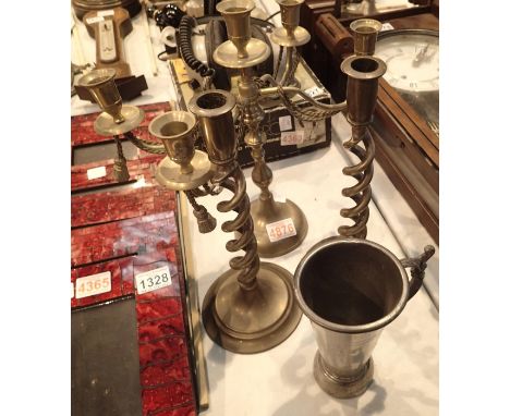Brass five sconce candelabra, a pair of corkscrew twist brass candlesticks and a flagon. Not available for in-house P&amp;P, 