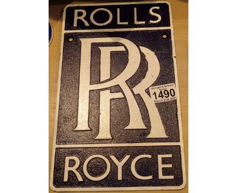 Cast iron blue and white Rolls Royce sign, H: 29 cm. P&amp;P Group 1 (£14+VAT for the first lot and £1+VAT for subsequent lot