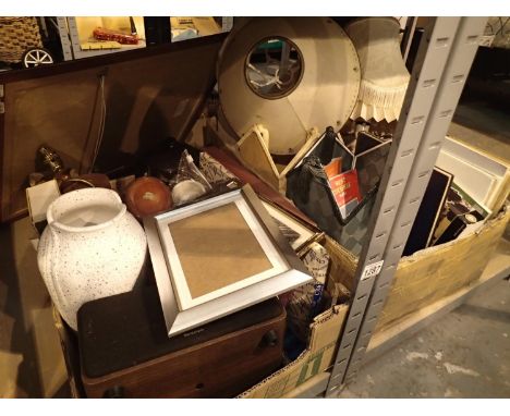 Two boxes of mixed homewares including Sandstrom iPod dock, light shades and books. Not available for in-house P&amp;P, conta