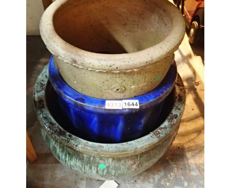Three large plant pots, two ceramic, one stone. Not available for in-house P&amp;P, contact Paul O'Hea at Mailboxes on 01925 
