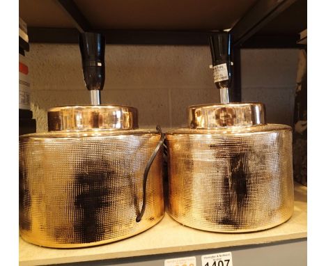 Pair of copper coloured ceramic lamps, H: 29 cm including the fitting. Not available for in-house P&amp;P, contact Paul O'Hea
