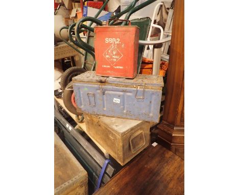 Two metal military type ammunition boxes and a metal petrol can. Not available for in-house P&amp;P, contact Paul O'Hea at Ma