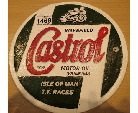 Cast iron Castrol Isle of Man TT Racing sign, D: 24 cm. P&amp;P Group 1 (£14+VAT for the first lot and £1+VAT for subsequent 