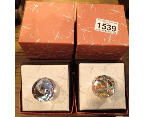 Boxed crystal coloured paperweights, six in total. P&amp;P Group 2 (£18+VAT for the first lot and £3+VAT for subsequent lots)