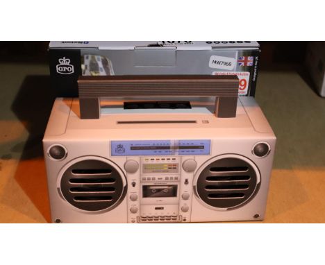 New Silver GPO Bronx mini boombox Bluetooth speaker; compact retro portable speaker with rechargeable battery includes USB Po