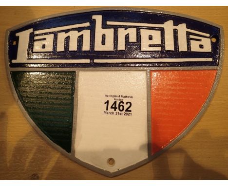 Cast iron Lambretta sign, L: 28 cm. P&amp;P Group 1 (£14+VAT for the first lot and £1+VAT for subsequent lots) 