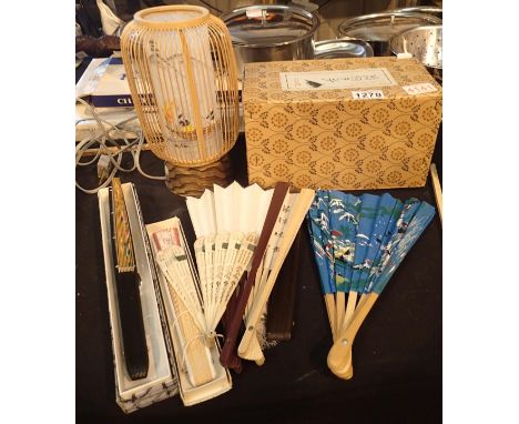 Oriental bamboo electric cage light and seven mixed hand fans. Not available for in-house P&amp;P, contact Paul O'Hea at Mail