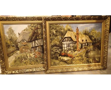 Two gilt framed oil on boards of Country Cottage garden scenes by K Renshaw, both 60 x 42 cm. Not available for in-house P&am