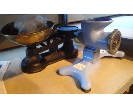 Harper vintage cast iron hand wind mincer and a set of Salter scales. Not available for in-house P&amp;P, contact Paul O'Hea 