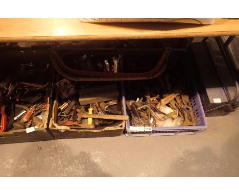 Large quantity of mixed hand tools including toolbox with contents and two bow saws. Not available for in-house P&amp;P, cont