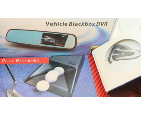 Boxed vehicle blackbox DVR, 02 bluetooth wireless headset and a golf return game. P&amp;P Group 2 (£18+VAT for the first lot 