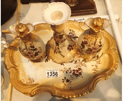 Decorative Victorian ceramic dressing table set, eight pieces painted and gilt, chips to one lid. Not available for in-house 