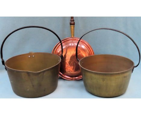 Vintage copper bed warmer plus two brass jam pans

all reasonable used condition 